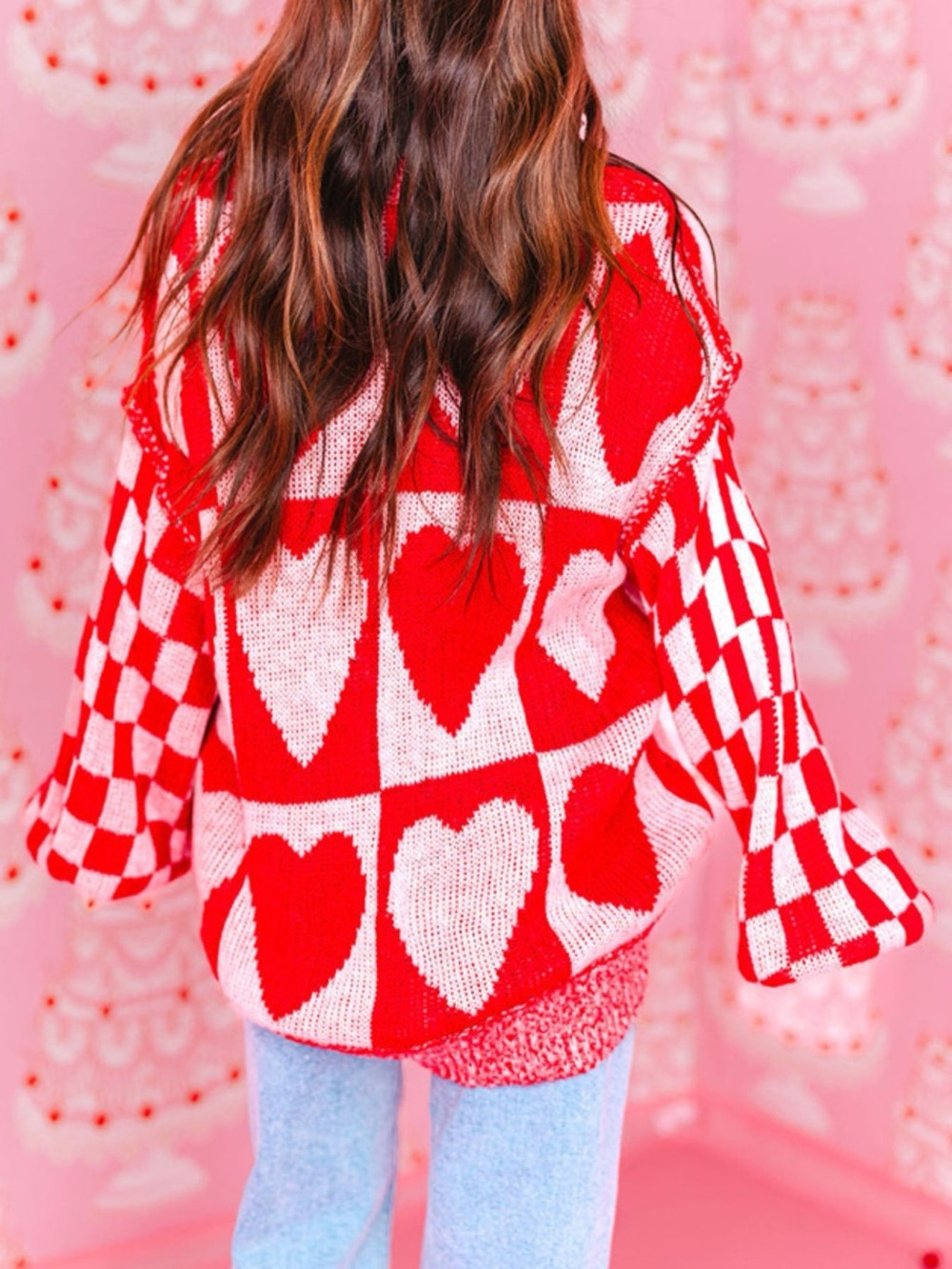 Heart Pattern Checkerboard Knit Sweater - Picture 5 of 6